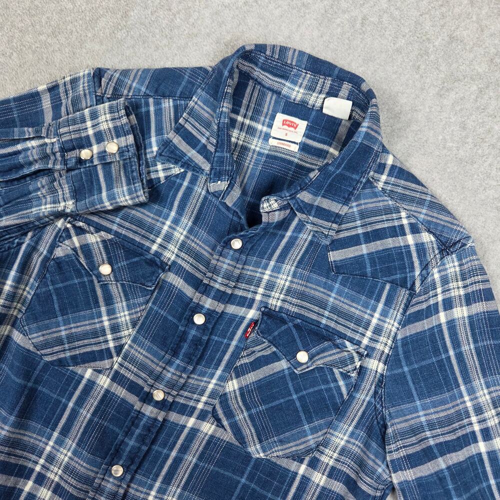 Levi's Mens Small Pearl Snap Standard Fit Blue Plaid Shirt